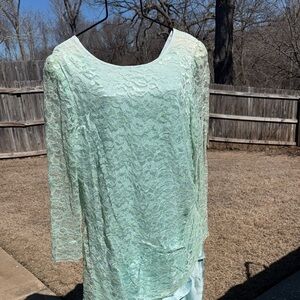 NOS Vintage 80s Long Green Lace Dress sz 20 1/2 USA made Faded Shoulders As Is